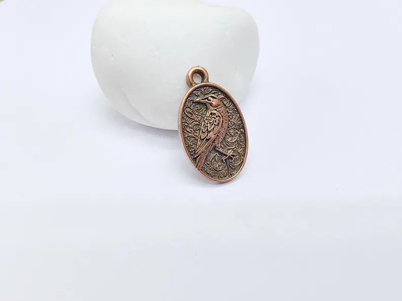 Raven Charm Pendant, Gothic Boho Charm, Nature Earring Charm, Mystical Bird, Necklace Parts, Antique Copper Plated 29x17mm G36688