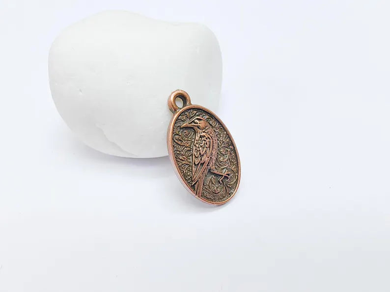 Raven Charm Pendant, Gothic Boho Charm, Nature Earring Charm, Mystical Bird, Necklace Parts, Antique Copper Plated 29x17mm G36688