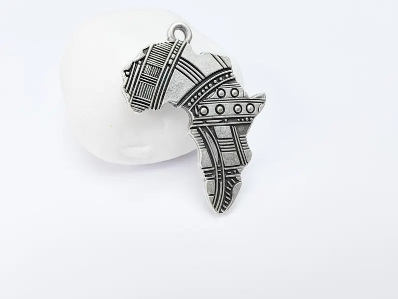 Africa Map Pendant with Tribal Patterns, Cultural Statement Charm , Boho Pendants, Earring Charms, Antique Silver Plated 45x34mm G36690