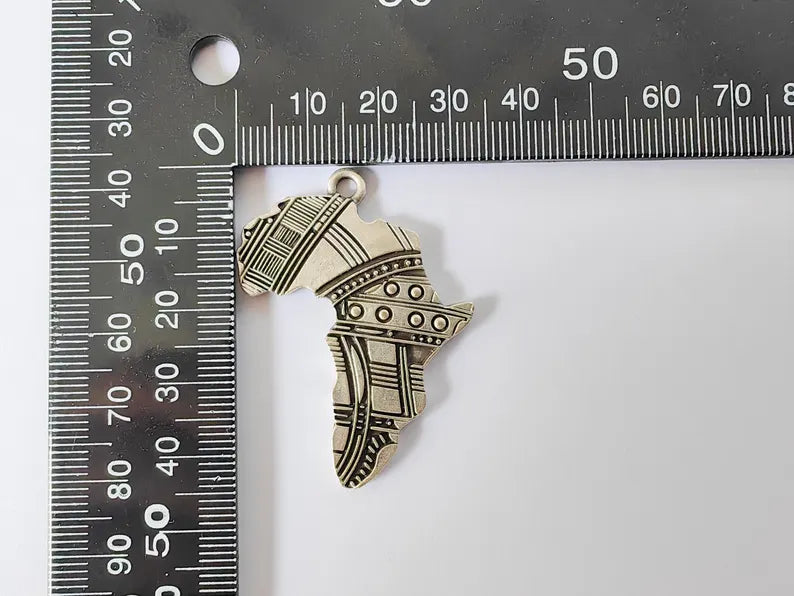 Africa Map Pendant with Tribal Patterns, Cultural Statement Charm , Boho Pendants, Earring Charms, Antique Silver Plated 45x34mm G36690