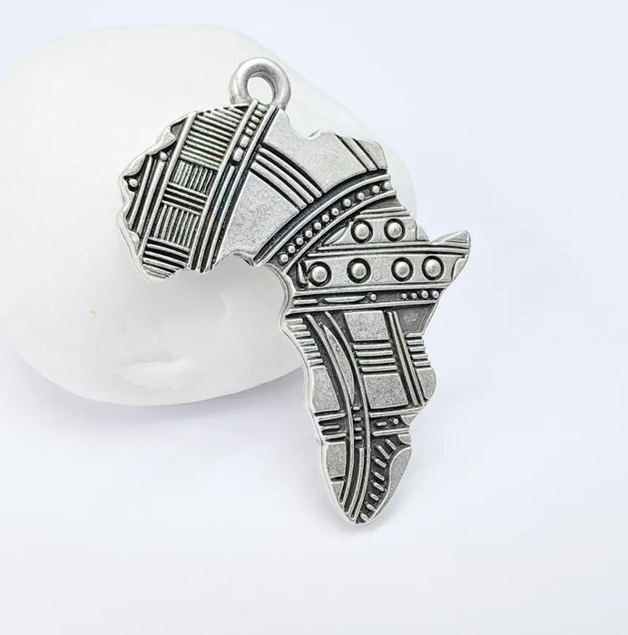 Africa Map Pendant with Tribal Patterns, Cultural Statement Charm , Boho Pendants, Earring Charms, Antique Silver Plated 45x34mm G36690