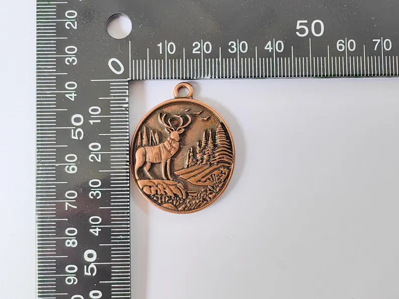 Deer and Forest Pendant Charm, Boho Charm, Nature Earring Charm, Wild Nature Necklace Parts, Antique Copper Plated 37x29mm G36693