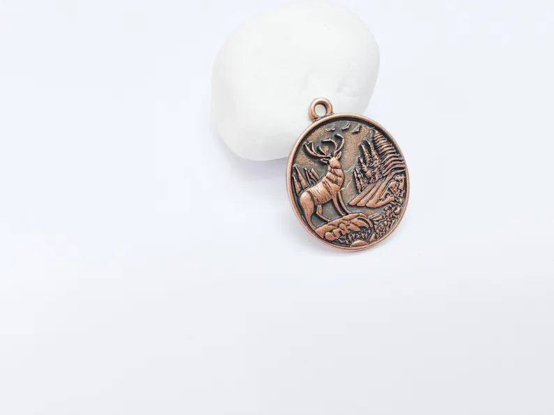 Deer and Forest Pendant Charm, Boho Charm, Nature Earring Charm, Wild Nature Necklace Parts, Antique Copper Plated 37x29mm G36693