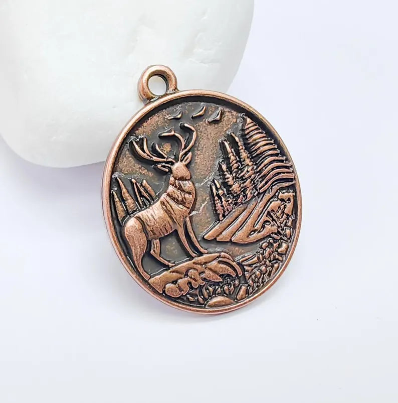 Deer and Forest Pendant Charm, Boho Charm, Nature Earring Charm, Wild Nature Necklace Parts, Antique Copper Plated 37x29mm G36693