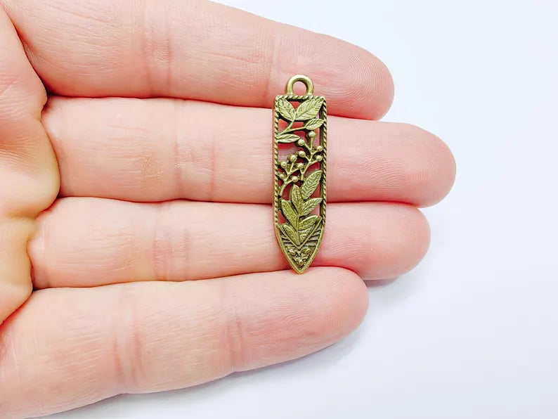 2 Leafy Flower Fruit Charms, Earring Charms, Necklace Parts, Floral Charm for Nature Inspired Jewelry, Antique Bronze Plated 37x10mm G36797