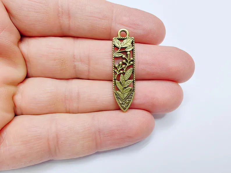 2 Leafy Flower Fruit Charms, Earring Charms, Necklace Parts, Floral Charm for Nature Inspired Jewelry, Antique Bronze Plated 37x10mm G36797