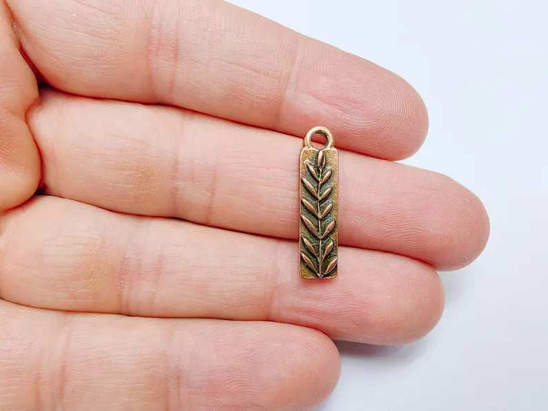 5 Plant Charms, Leaf Bar Pendant, Earring Charms, Nature Dangle Pendant, Necklace Parts, Antique Copper Plated 25x6mm G36799