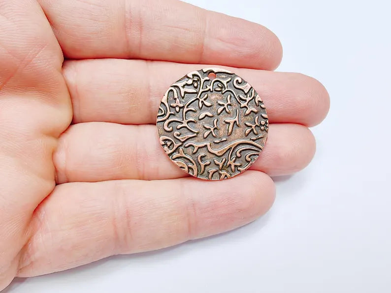 Leaf Embossed Round Disc Pendant, Filigree Design Charms, Boho Rustic Earring Charm, Antique Copper Plated 32mm G36801