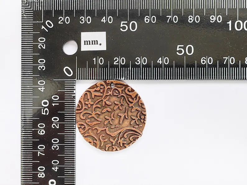 Leaf Embossed Round Disc Pendant, Filigree Design Charms, Boho Rustic Earring Charm, Antique Copper Plated 32mm G36801