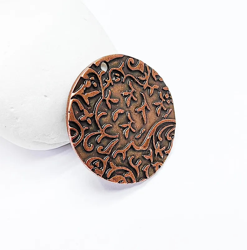 Leaf Embossed Round Disc Pendant, Filigree Design Charms, Boho Rustic Earring Charm, Antique Copper Plated 32mm G36801