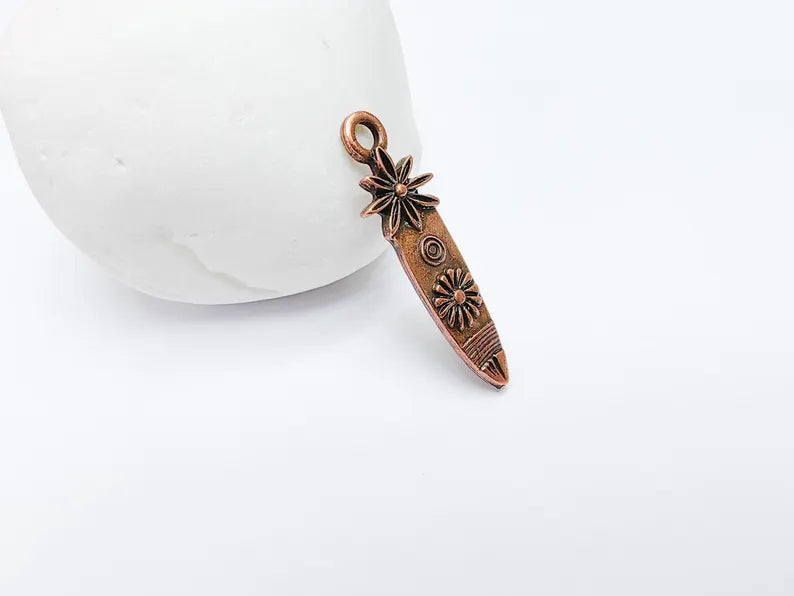 4 Sunburst and Flower Charms, Earring Charms, Boho Dangle Pendant, Necklace Parts, Antique Copper Plated 33x10mm G36802