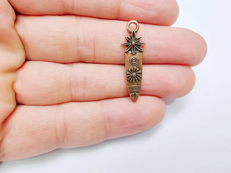 4 Sunburst and Flower Charms, Earring Charms, Boho Dangle Pendant, Necklace Parts, Antique Copper Plated 33x10mm G36802