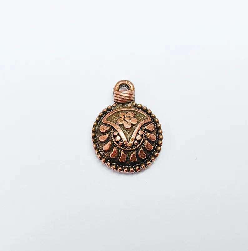 4 Flower Round Charms, Earring Charms, Boho Dangle Pendant, Necklace Parts, Antique Copper Plated 21x14mm G36803