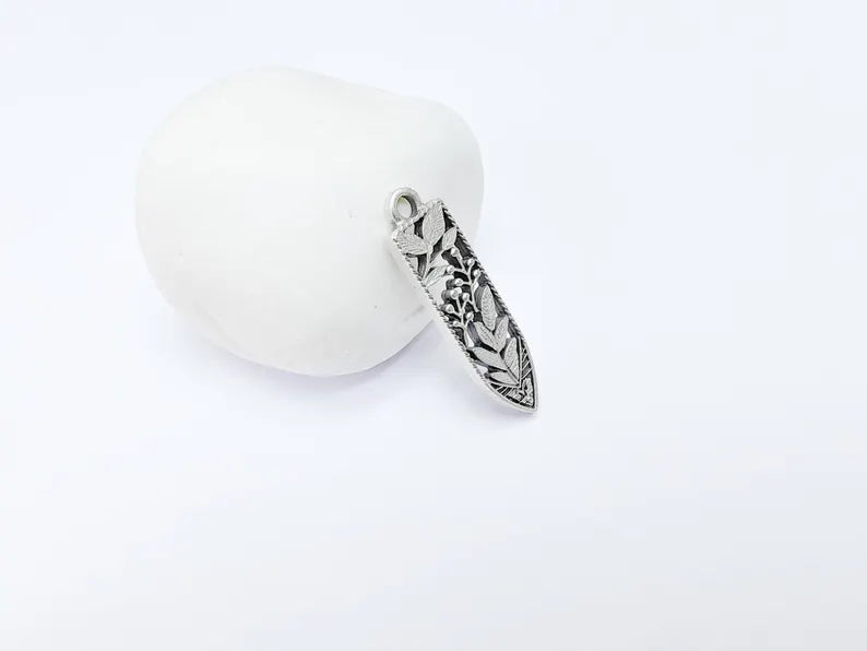 2 Leafy Flower Fruit Charms, Earring Charms, Necklace Parts, Floral Charm for Nature Inspired Jewelry, Antique Silver Plated 37x10mm G36804