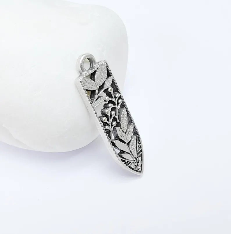 2 Leafy Flower Fruit Charms, Earring Charms, Necklace Parts, Floral Charm for Nature Inspired Jewelry, Antique Silver Plated 37x10mm G36804