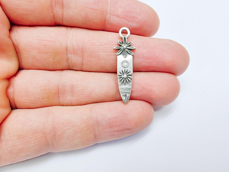 Sunburst and Flower Charms, Earring Charms, Boho Dangle Pendant, Necklace Parts, Antique Silver Plated 33x10mm G36806