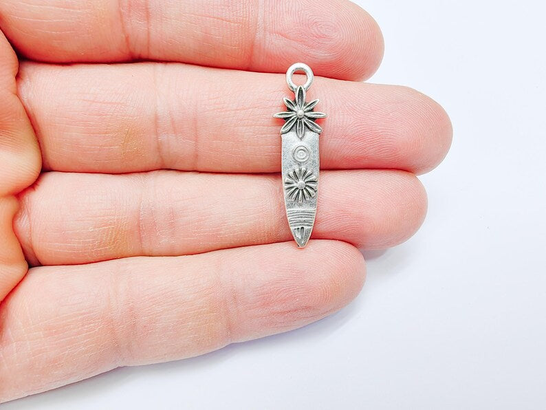 Sunburst and Flower Charms, Earring Charms, Boho Dangle Pendant, Necklace Parts, Antique Silver Plated 33x10mm G36806