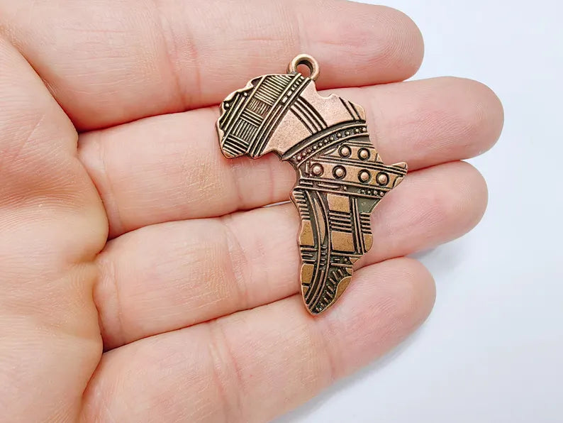 Africa Map Pendant with Tribal Patterns, Cultural Statement Charm, Boho Pendants, Earring Charms, Antique Copper Plated 45x34mm G36704