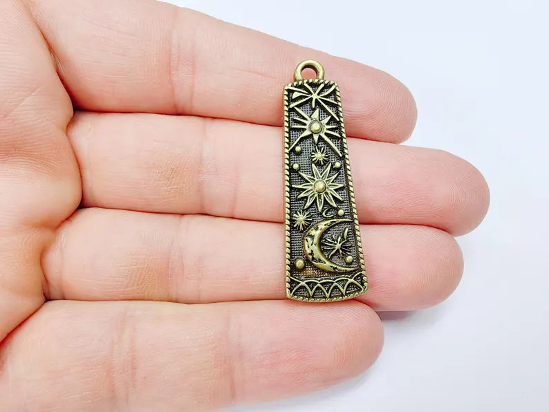 Celestial Moon and Stars Charms, Mystical Sky Charm, Cosmic Earring Charms, Sun Boho Pendant, Antique Bronze Plated Zamac 45x14mm G36705