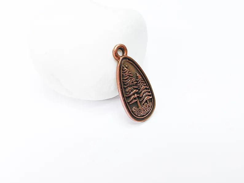 2 Pine Tree Forest Stars Charms, Nature Pendant Boho Earring Charms, Dangle Pendant, Necklace Part, Antique Copper Plated Zamac 30x14mm G36706