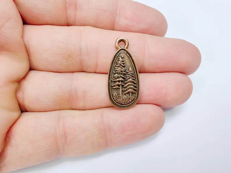 2 Pine Tree Forest Stars Charms, Nature Pendant Boho Earring Charms, Dangle Pendant, Necklace Part, Antique Copper Plated Zamac 30x14mm G36706