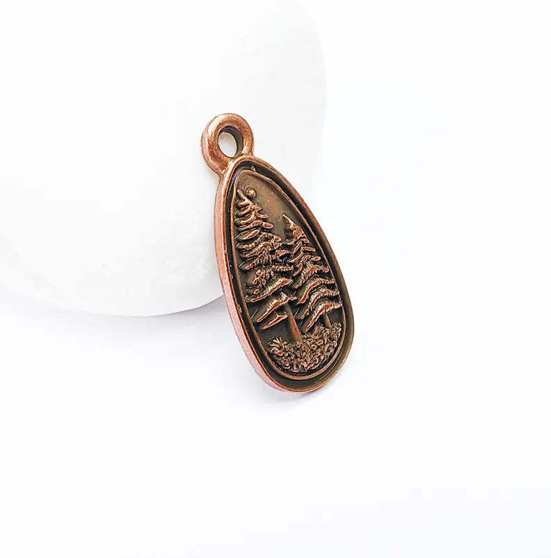 2 Pine Tree Forest Stars Charms, Nature Pendant Boho Earring Charms, Dangle Pendant, Necklace Part, Antique Copper Plated Zamac 30x14mm G36706