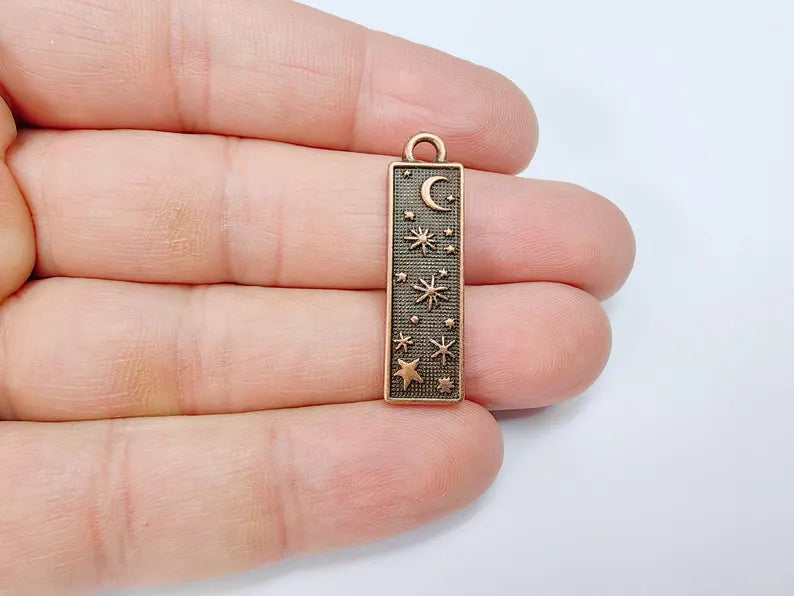 Celestial Moon and Star Charms, Cosmic Pendant, Earring Charms, Night Sky Boho Charms, Antique Copper Plated Zamac 33x9mm G36710