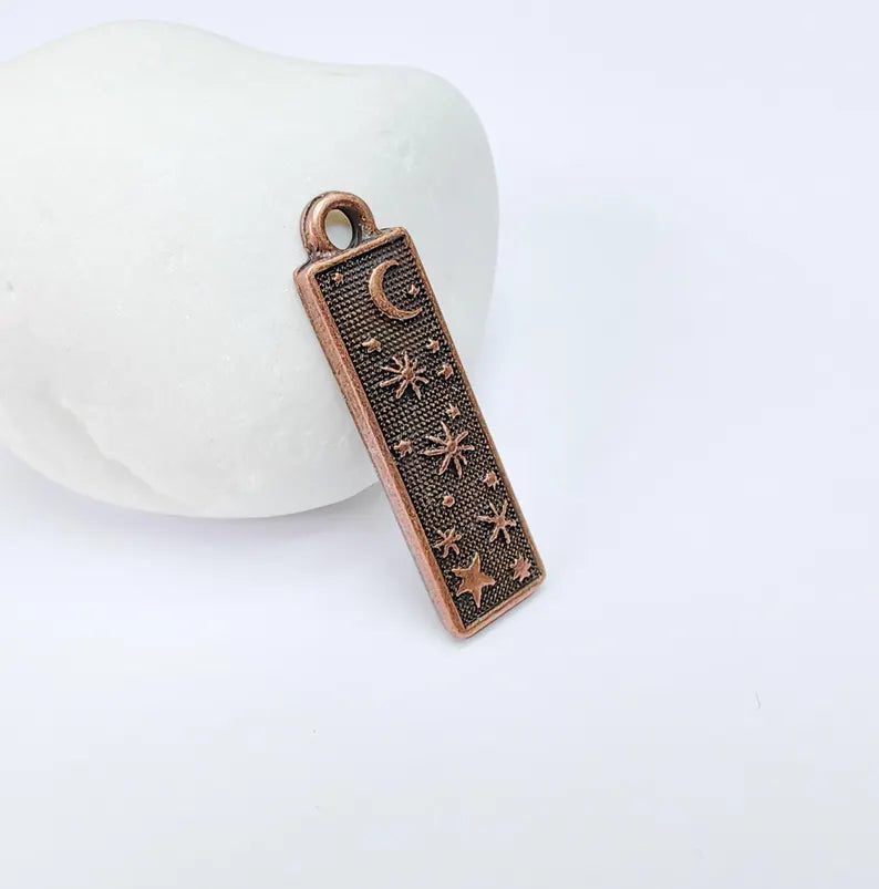 Celestial Moon and Star Charms, Cosmic Pendant, Earring Charms, Night Sky Boho Charms, Antique Copper Plated Zamac 33x9mm G36710