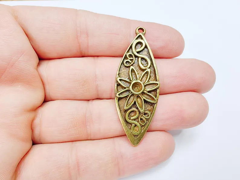 Flower Pendant, Boho Charm, Earring Charm, Dangle Pendant, Necklace Parts, Antique Bronze Plated 51x19mm G36712