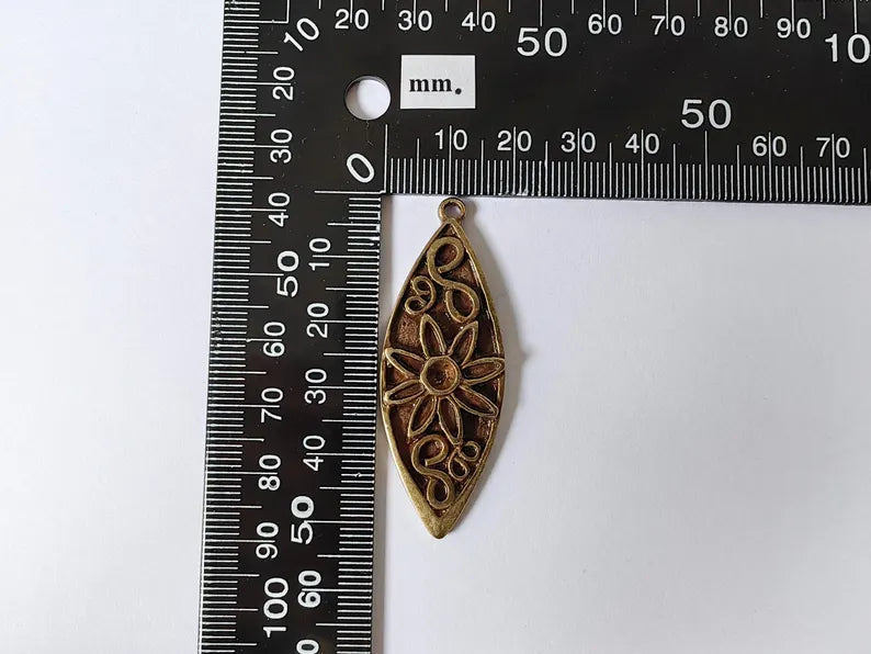 Flower Pendant, Boho Charm, Earring Charm, Dangle Pendant, Necklace Parts, Antique Bronze Plated 51x19mm G36712