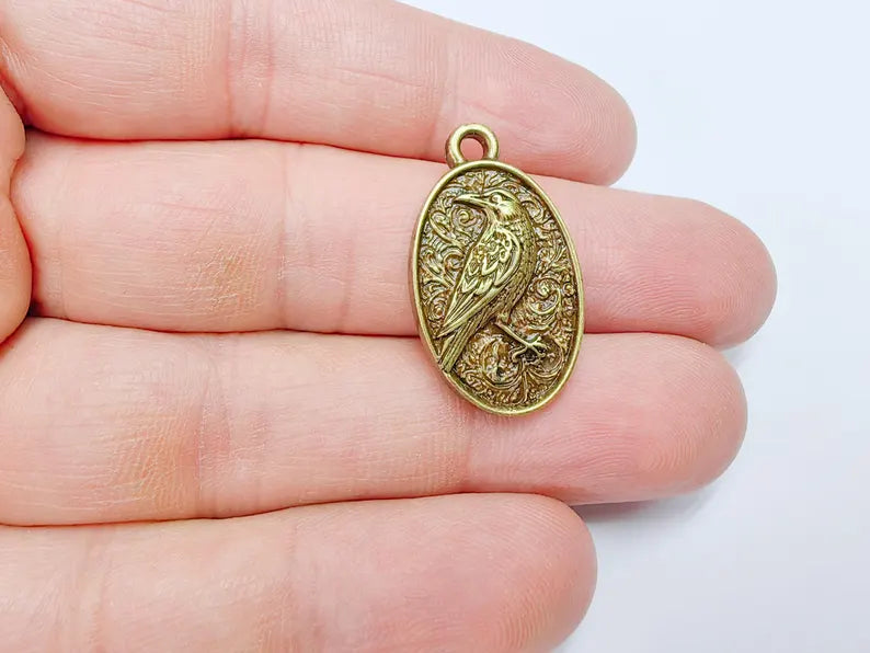 Raven Charm Pendant, Gothic Boho Charm, Nature Earring Charm, Mystical Bird, Necklace Parts, Antique Bronze Plated 29x17mm G36713