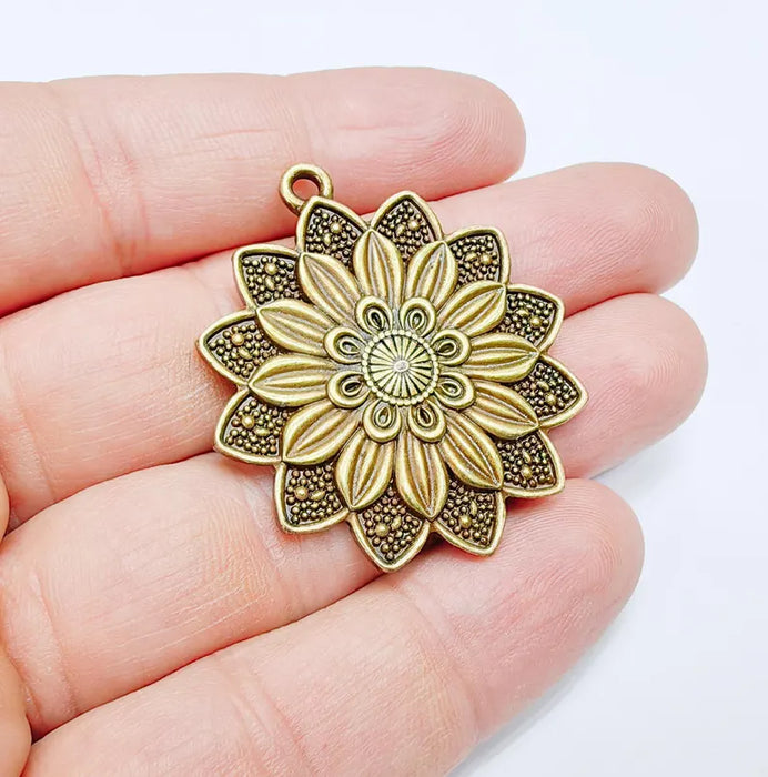 Floral Pendant Nature-Inspired Flower Design for Boho and Antique Bronze Rustic Jewelry, Antique Brass Plated 43x38mm G36714