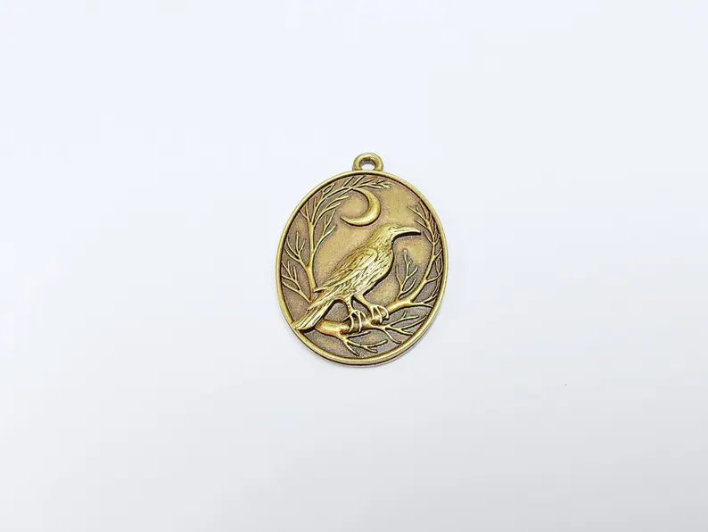 Raven and Moon Charm Pendant, Gothic Boho Charm, Nature Earring Charm, Mystical Bird, Necklace Parts, Antique Bronze Plated 40x28mm G36716