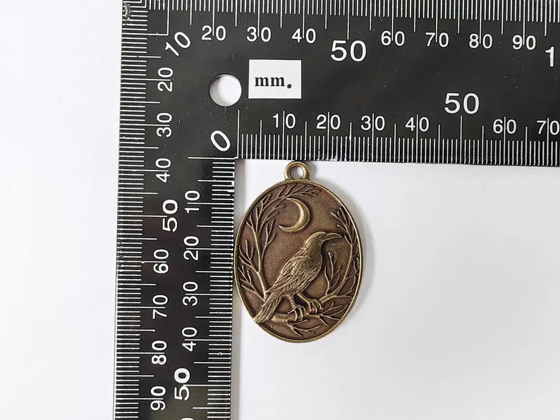 Raven and Moon Charm Pendant, Gothic Boho Charm, Nature Earring Charm, Mystical Bird, Necklace Parts, Antique Bronze Plated 40x28mm G36716