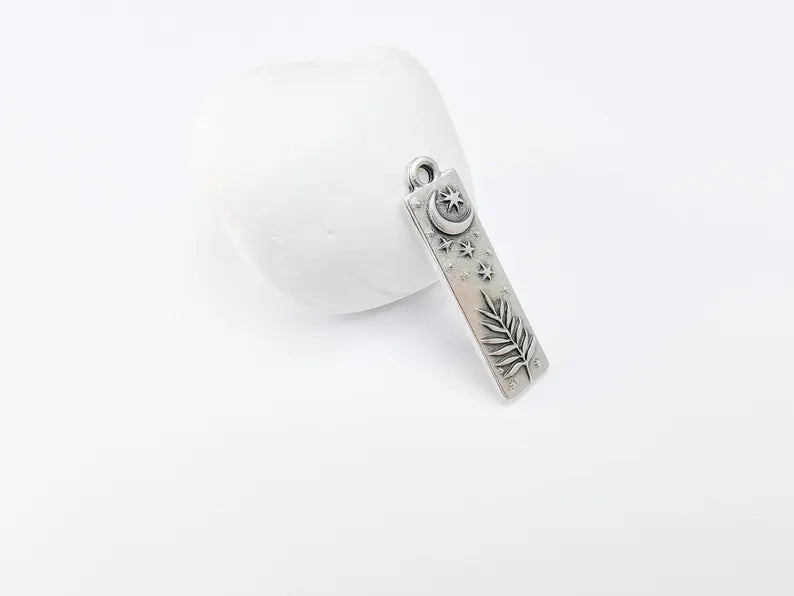 Moon and Stars Plant Charms, Crescent Earring Charms, Celestial and Nature Inspired Charm, Antique Silver Plated 39x10mm G36726