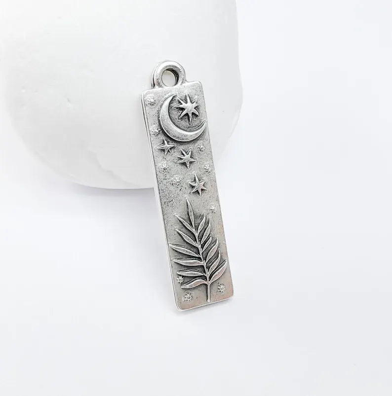 Moon and Stars Plant Charms, Crescent Earring Charms, Celestial and Nature Inspired Charm, Antique Silver Plated 39x10mm G36726