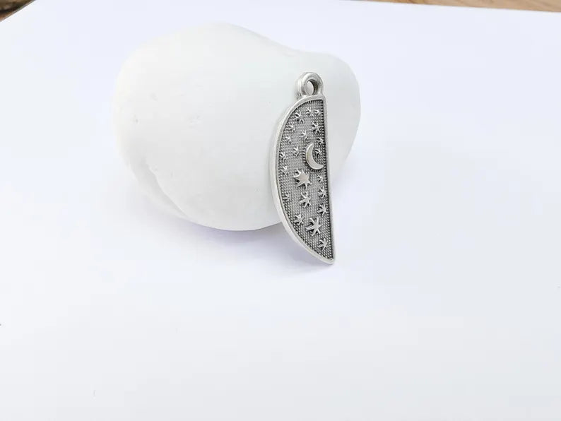 Celestial Moon and Star Charms, Cosmic Pendant, Half Moon Earring Charms, Night Sky Boho Charms, Antique Silver Plated Zamac 35x12mm G36727