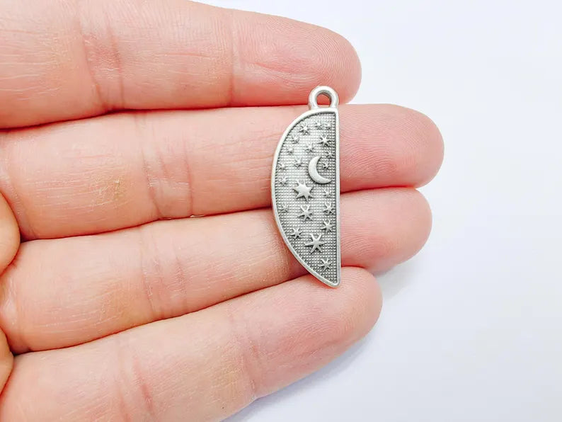 Celestial Moon and Star Charms, Cosmic Pendant, Half Moon Earring Charms, Night Sky Boho Charms, Antique Silver Plated Zamac 35x12mm G36727