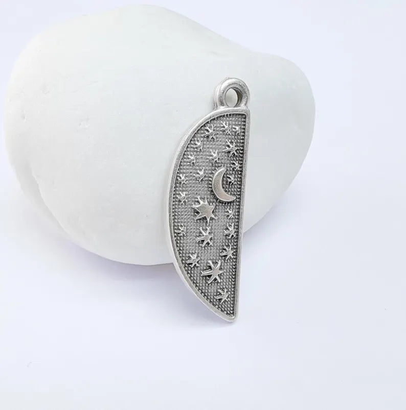 Celestial Moon and Star Charms, Cosmic Pendant, Half Moon Earring Charms, Night Sky Boho Charms, Antique Silver Plated Zamac 35x12mm G36727