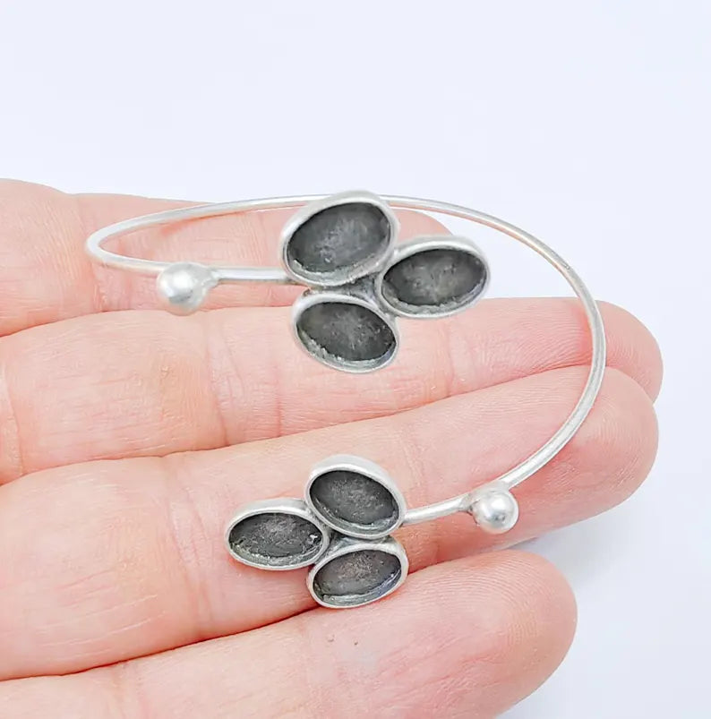 Antique Silver Bracelet, Bangle Bracelet Bezel, Wrap Cuff Resin Blank Wristband Cabochon Base Adjustable Antique Silver Brass (9x6mm) G36731