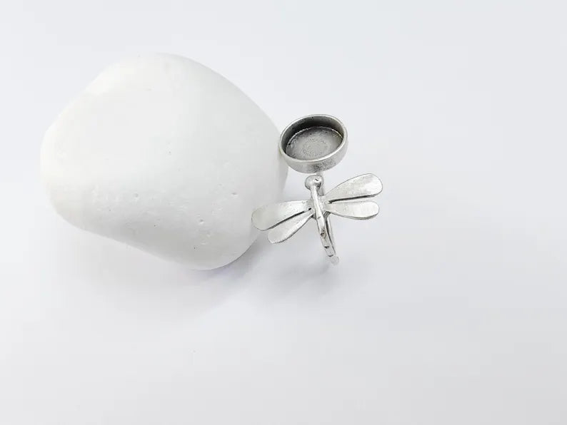 Dragonfly Ring Setting, Cabochon Blank, Resin Bezel, Round Ring Mounting Epoxy Frame Base Adjustable Antique Silver Plated Brass 12mm G36734