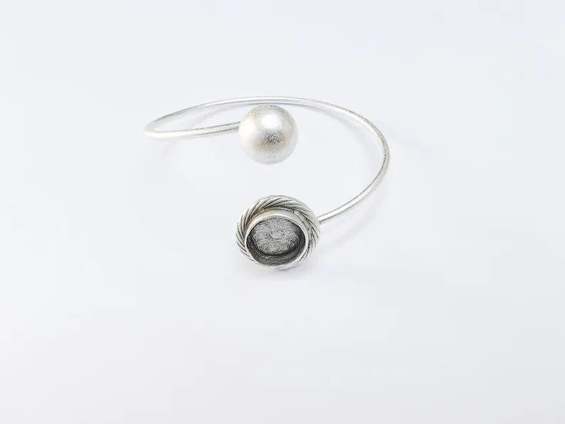 Ball and Round Bracelet Blank Resin Cuff Dry Bezel Glass Cabochon Base Adjustable Antique Silver Plated Brass (12mm Blanks) G36735