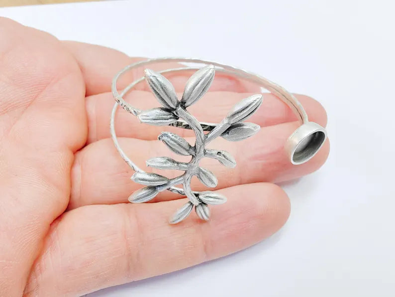 Leaf Bracelet, Bangle Bracelet Bezel, Wrap Cuff Resin Blank, Wristband Cabochon Base, Adjustable Antique Silver Brass (10mm) G36736