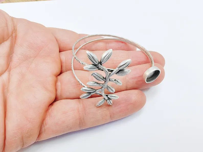 Leaf Bracelet, Bangle Bracelet Bezel, Wrap Cuff Resin Blank, Wristband Cabochon Base, Adjustable Antique Silver Brass (10mm) G36736
