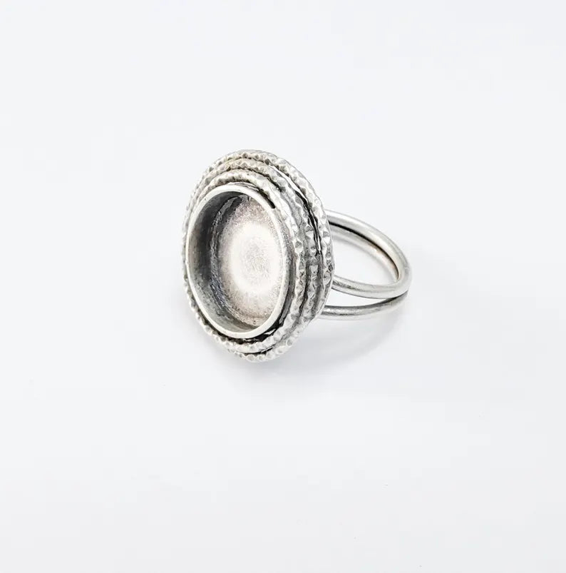 Round Ring Setting, Cabochon Blank, Resin Bezel, Round Ring Mounting Epoxy Frame Base Adjustable Antique Silver Plated Brass 14mm G36737