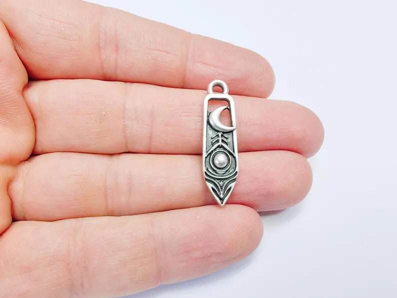 2 Crescent Moon and Orb Charms, Cosmic Pendant, Moon Earring Charms, Night Sky Boho Charms, Antique Silver Plated Zamac 33x9mm G36741