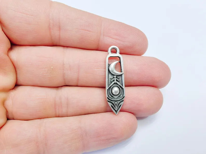 2 Crescent Moon and Orb Charms, Cosmic Pendant, Moon Earring Charms, Night Sky Boho Charms, Antique Silver Plated Zamac 33x9mm G36741