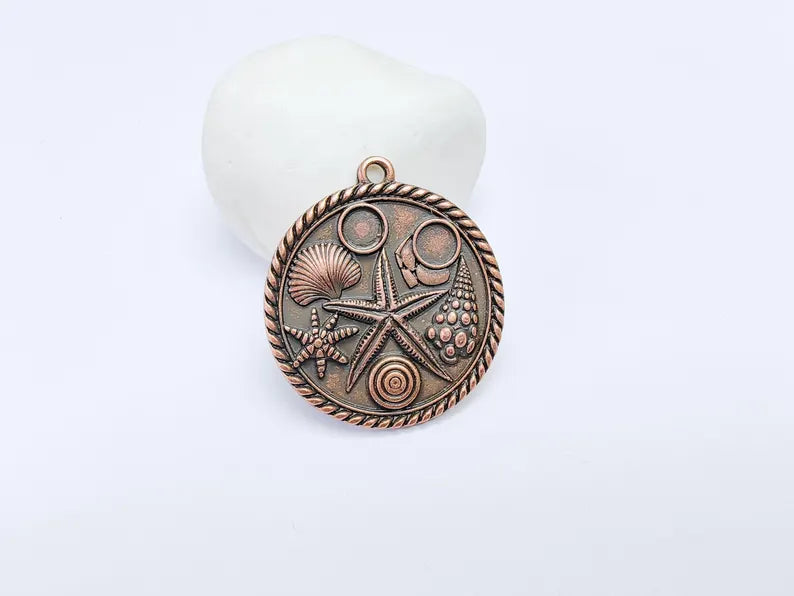 Ocean Medallion Pendant, Nautical Sea Life Charm, Beach Boho Earring Charms, Dangle Pendant, Antique Copper Plated Zamac 42x37mm G36828