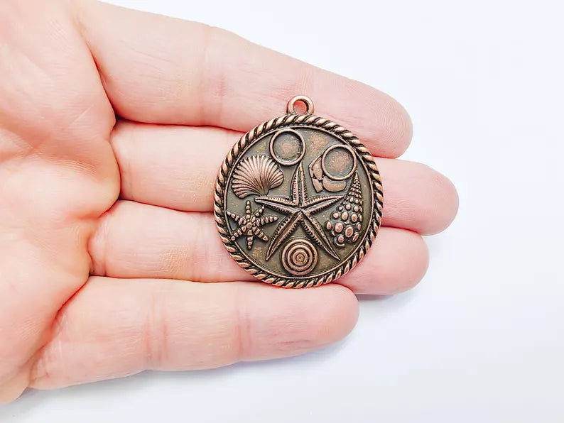 Ocean Medallion Pendant, Nautical Sea Life Charm, Beach Boho Earring Charms, Dangle Pendant, Antique Copper Plated Zamac 42x37mm G36828