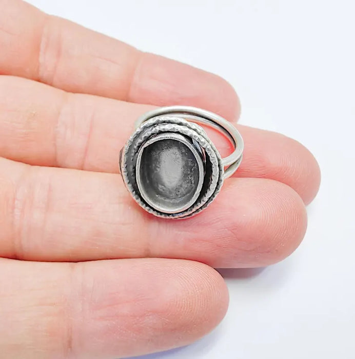 Oval Ring Setting, Cabochon Blank, Resin Bezel, Round Ring Mounting Epoxy Frame Base Adjustable Antique Silver Plated Brass 14x10mm G36750